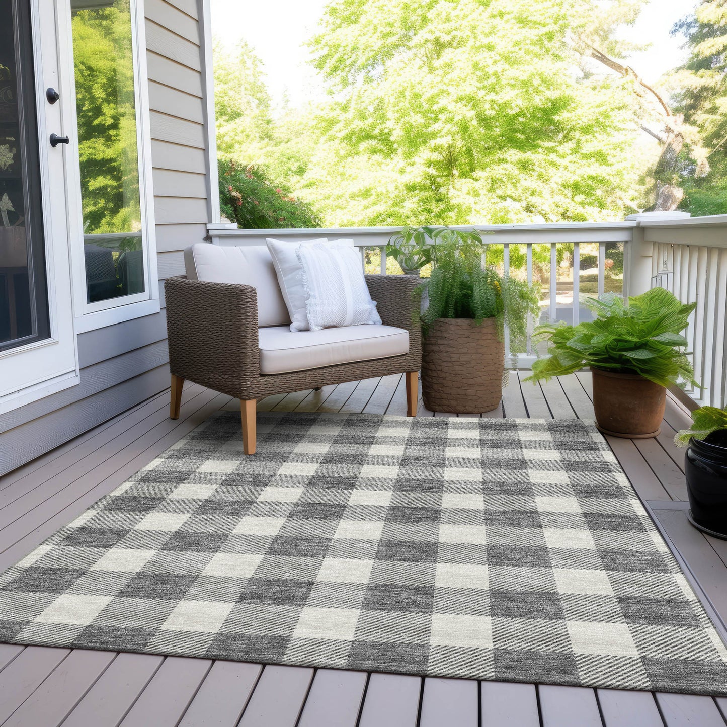Tabselect Home Line 8' X 10' Gray And Charcoal Plaid Washable Indoor Outdoor Area Rug