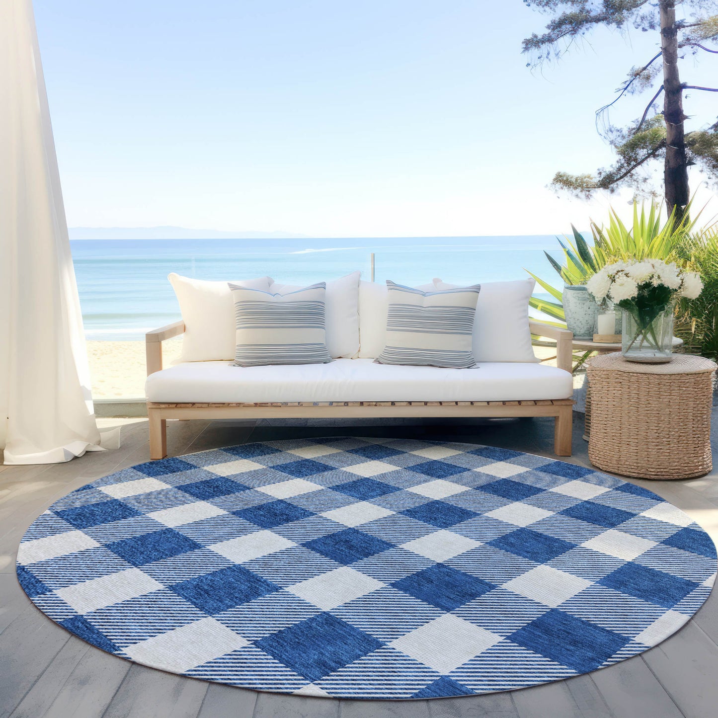 Tabselect Home Line 8' Navy Blue And Gray Round Plaid Washable Indoor Outdoor Area Rug