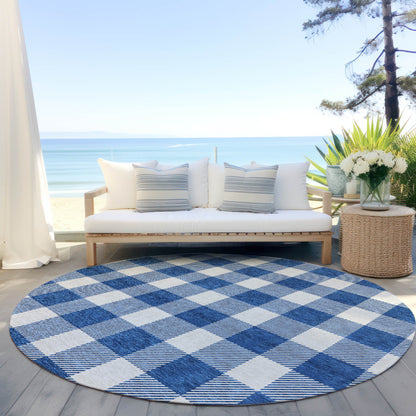 Tabselect Home Line 8' Navy Blue And Gray Round Plaid Washable Indoor Outdoor Area Rug