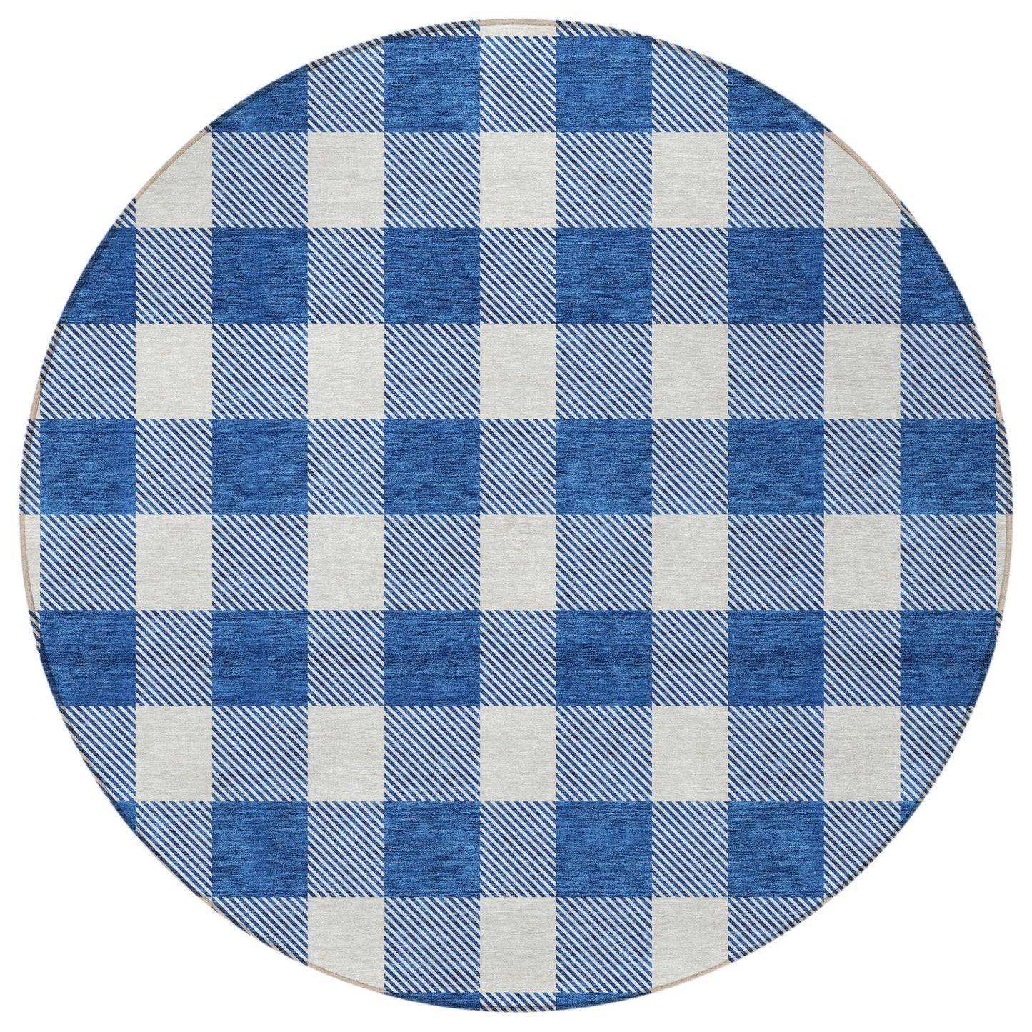 Tabselect Home Line 8' Navy Blue And Gray Round Plaid Washable Indoor Outdoor Area Rug