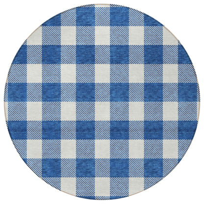 Tabselect Home Line 8' Navy Blue And Gray Round Plaid Washable Indoor Outdoor Area Rug