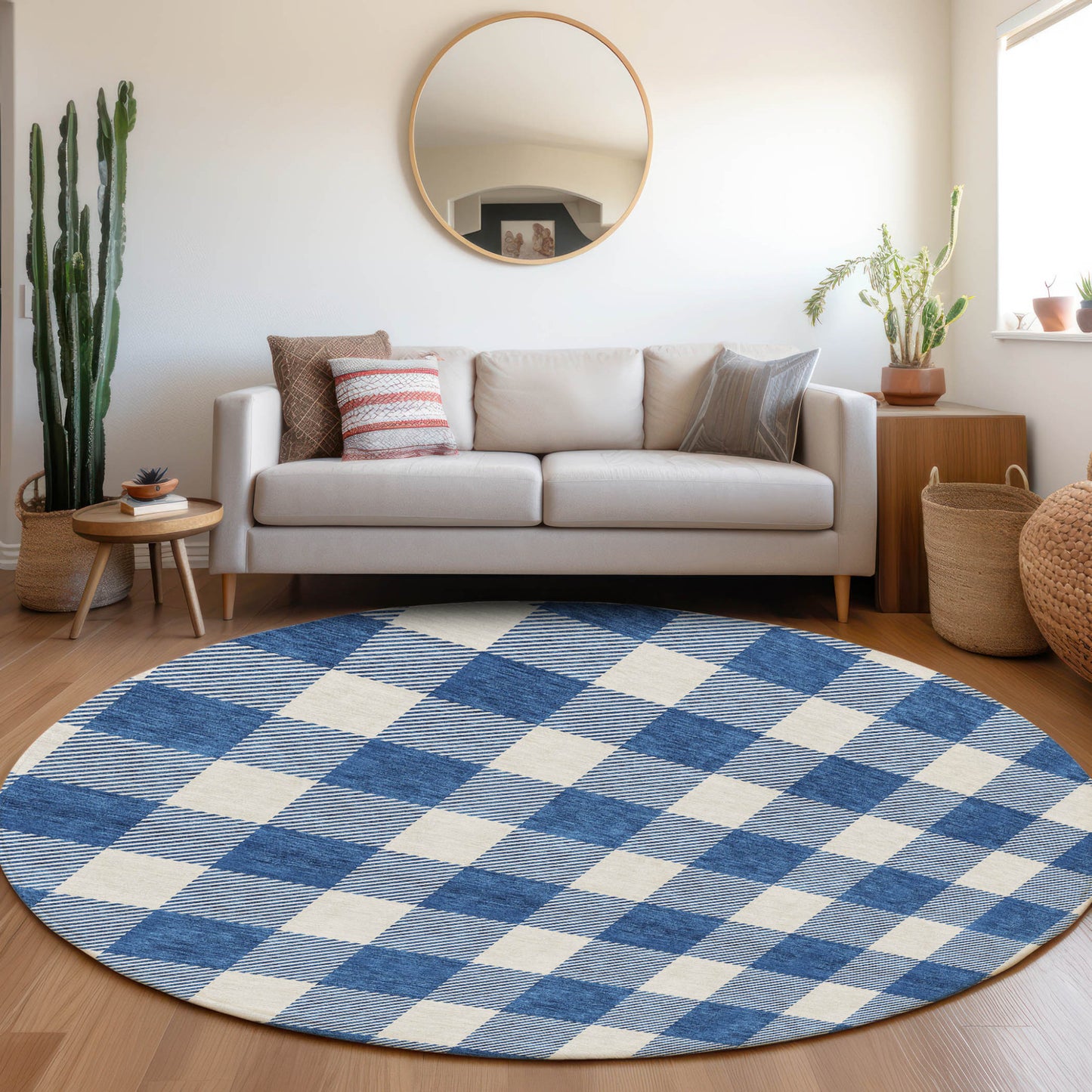 Tabselect Home Line 8' Navy Blue And Gray Round Plaid Washable Indoor Outdoor Area Rug