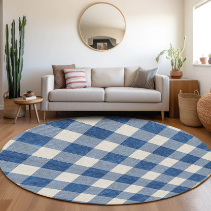Tabselect Home Line 8' Navy Blue And Gray Round Plaid Washable Indoor Outdoor Area Rug