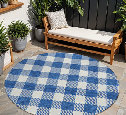Tabselect Home Line 8' Navy Blue And Gray Round Plaid Washable Indoor Outdoor Area Rug