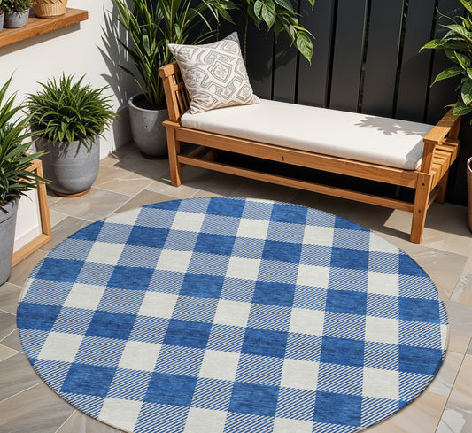 Tabselect Home Line 8' Navy Blue And Gray Round Plaid Washable Indoor Outdoor Area Rug