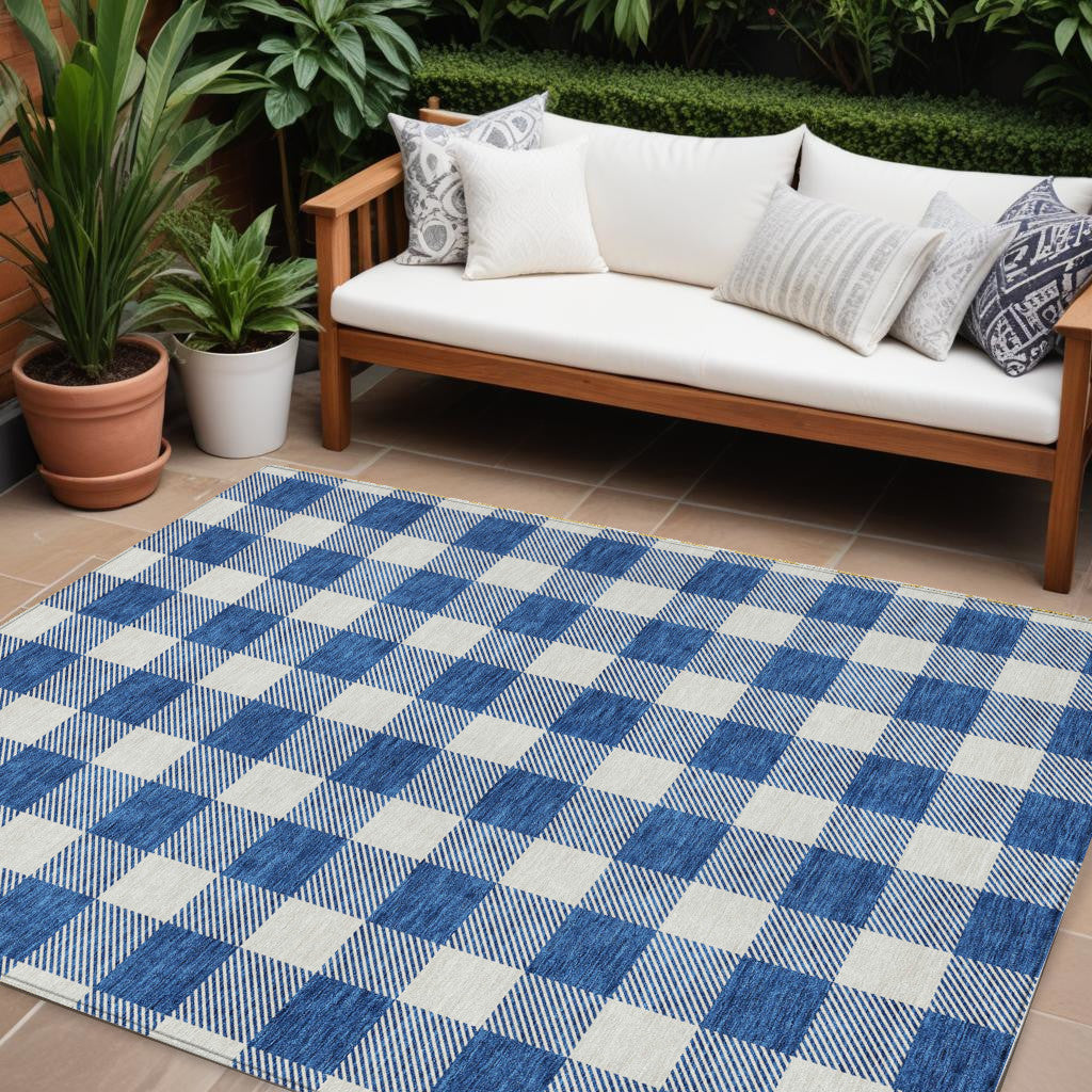 Tabselect Home Line 8' X 10' Navy Blue And Gray Plaid Washable Indoor Outdoor Area Rug