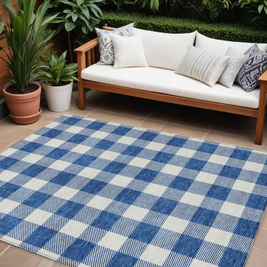 Tabselect Home Line 8' X 10' Navy Blue And Gray Plaid Washable Indoor Outdoor Area Rug
