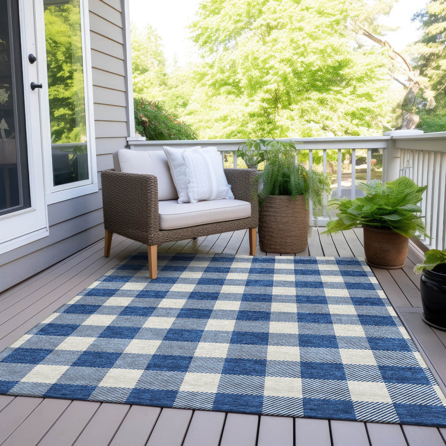 Tabselect Home Line 8' X 10' Navy Blue And Gray Plaid Washable Indoor Outdoor Area Rug