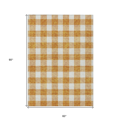 Tabselect Home Line 5' X 8' Orange And Beige Plaid Washable Indoor Outdoor Area Rug