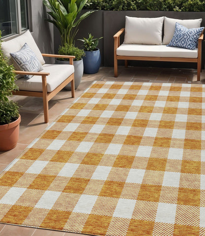 Tabselect Home Line 5' X 8' Orange And Beige Plaid Washable Indoor Outdoor Area Rug