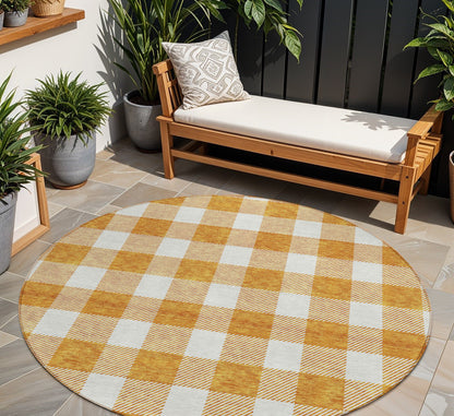 Tabselect Home Line 8' Orange And Beige Round Plaid Washable Indoor Outdoor Area Rug