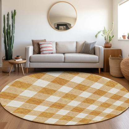 Tabselect Home Line 8' Orange And Beige Round Plaid Washable Indoor Outdoor Area Rug