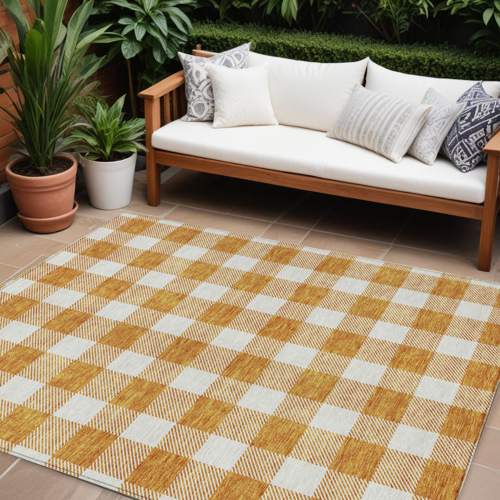 Tabselect Home Line 8' X 10' Orange And Beige Plaid Washable Indoor Outdoor Area Rug