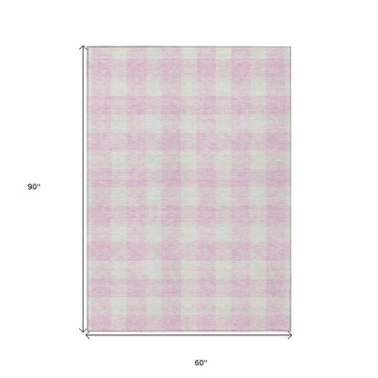 Tabselect Home Line 5' X 8' Pink And Gray Plaid Washable Indoor Outdoor Area Rug