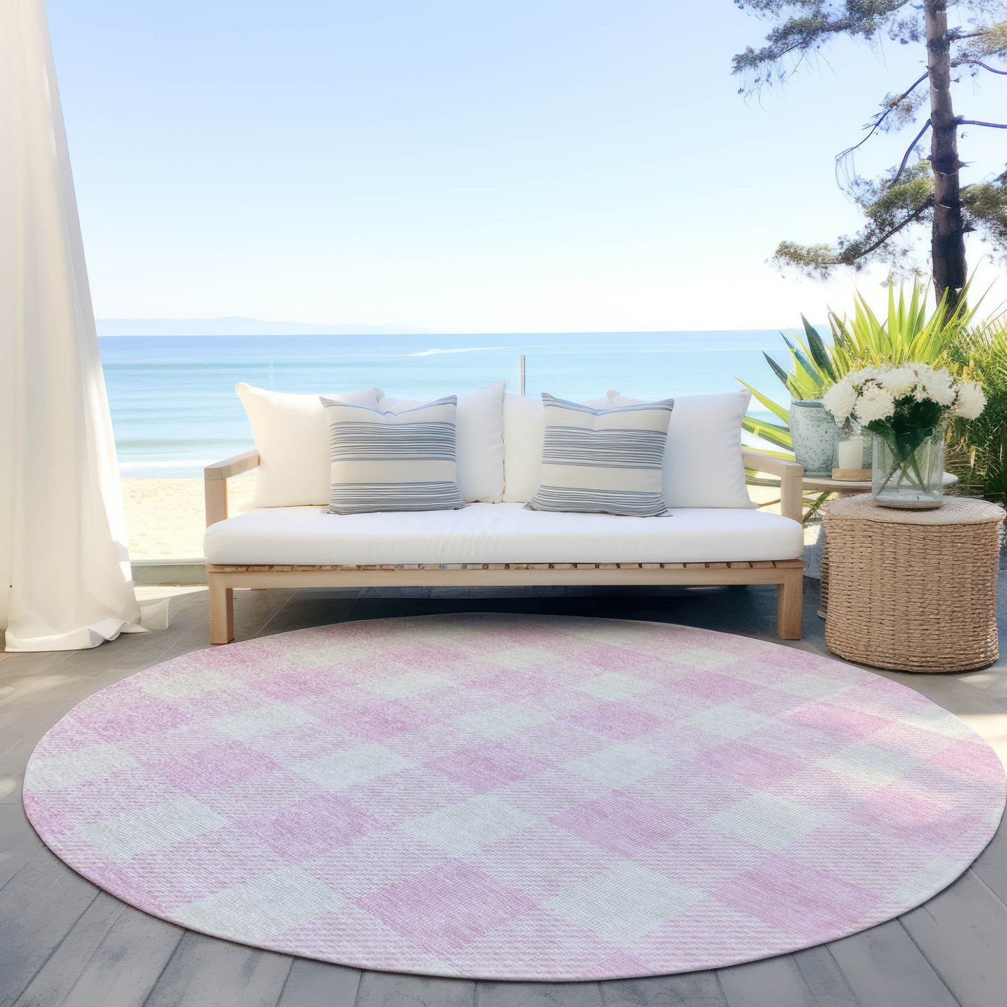 Tabselect Home Line 8' Pink And Gray Round Plaid Washable Indoor Outdoor Area Rug