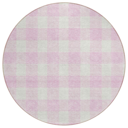 Tabselect Home Line 8' Pink And Gray Round Plaid Washable Indoor Outdoor Area Rug