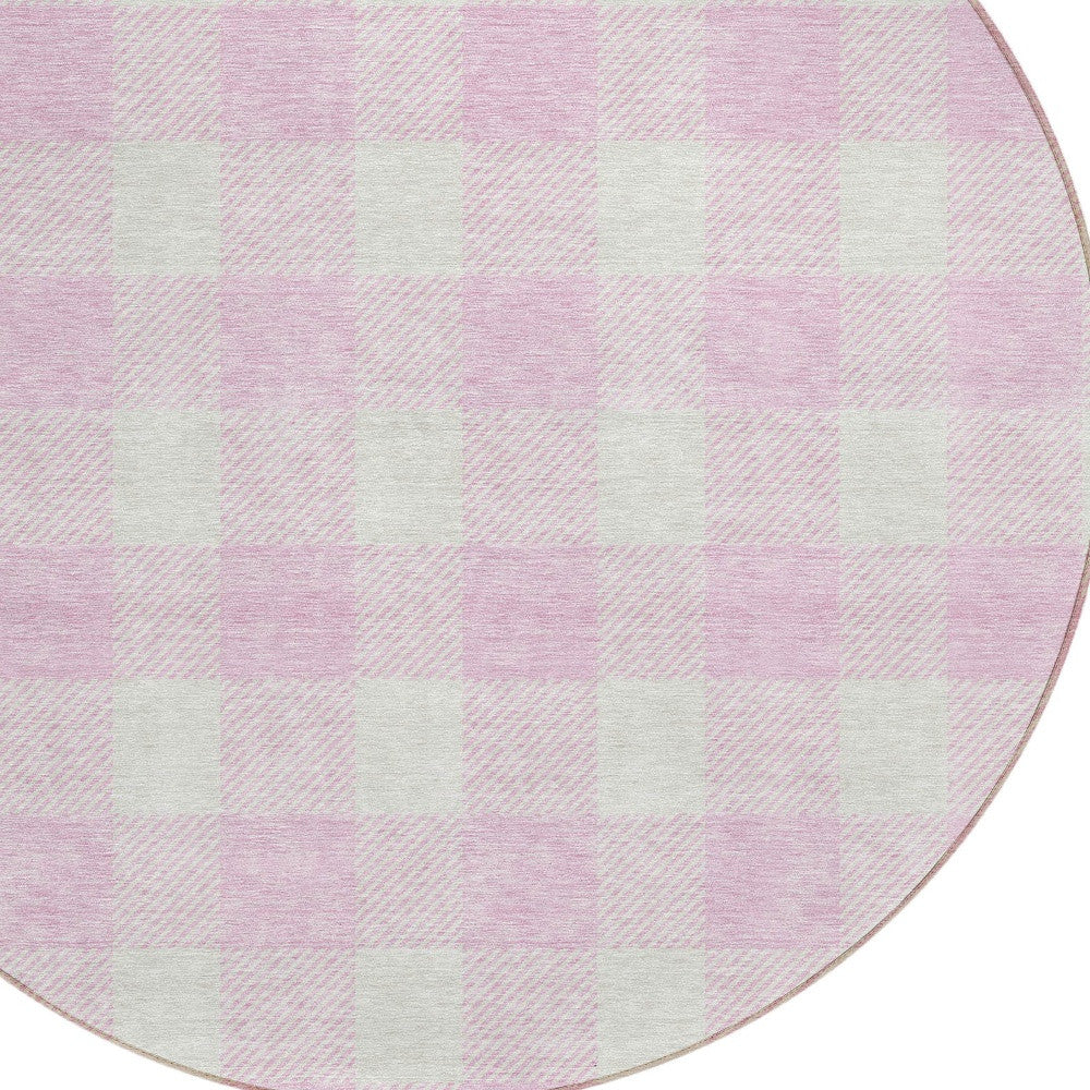 Tabselect Home Line 8' Pink And Gray Round Plaid Washable Indoor Outdoor Area Rug