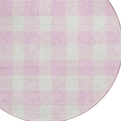 Tabselect Home Line 8' Pink And Gray Round Plaid Washable Indoor Outdoor Area Rug