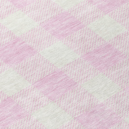 Tabselect Home Line 8' Pink And Gray Round Plaid Washable Indoor Outdoor Area Rug