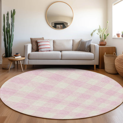 Tabselect Home Line 8' Pink And Gray Round Plaid Washable Indoor Outdoor Area Rug
