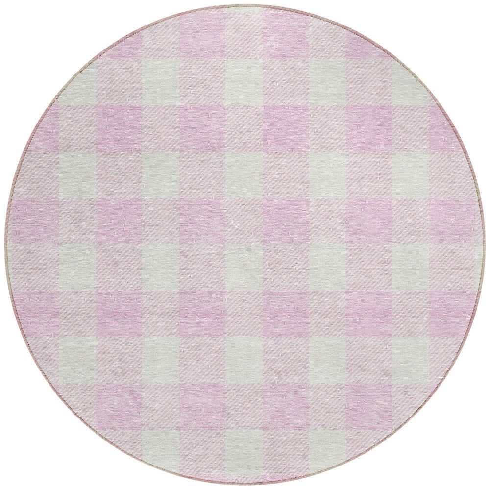 Tabselect Home Line 8' Pink And Gray Round Plaid Washable Indoor Outdoor Area Rug