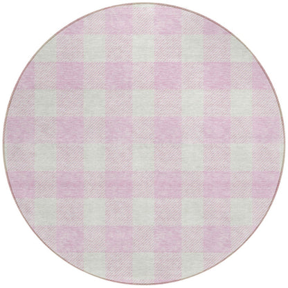 Tabselect Home Line 8' Pink And Gray Round Plaid Washable Indoor Outdoor Area Rug
