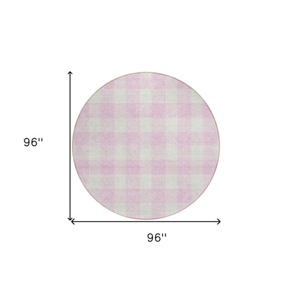 Tabselect Home Line 8' Pink And Gray Round Plaid Washable Indoor Outdoor Area Rug