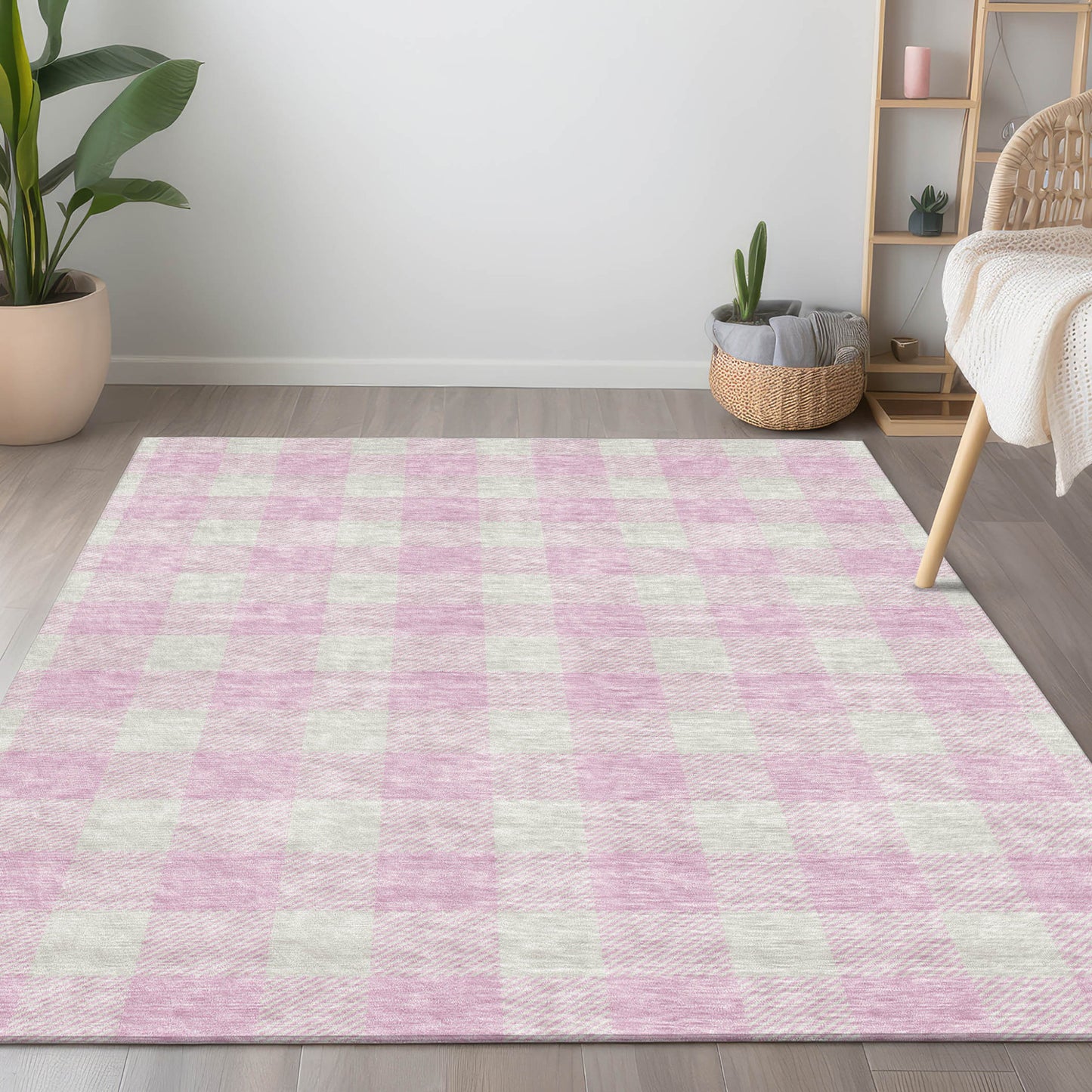 Tabselect Home Line 8' X 10' Pink And Gray Plaid Washable Indoor Outdoor Area Rug