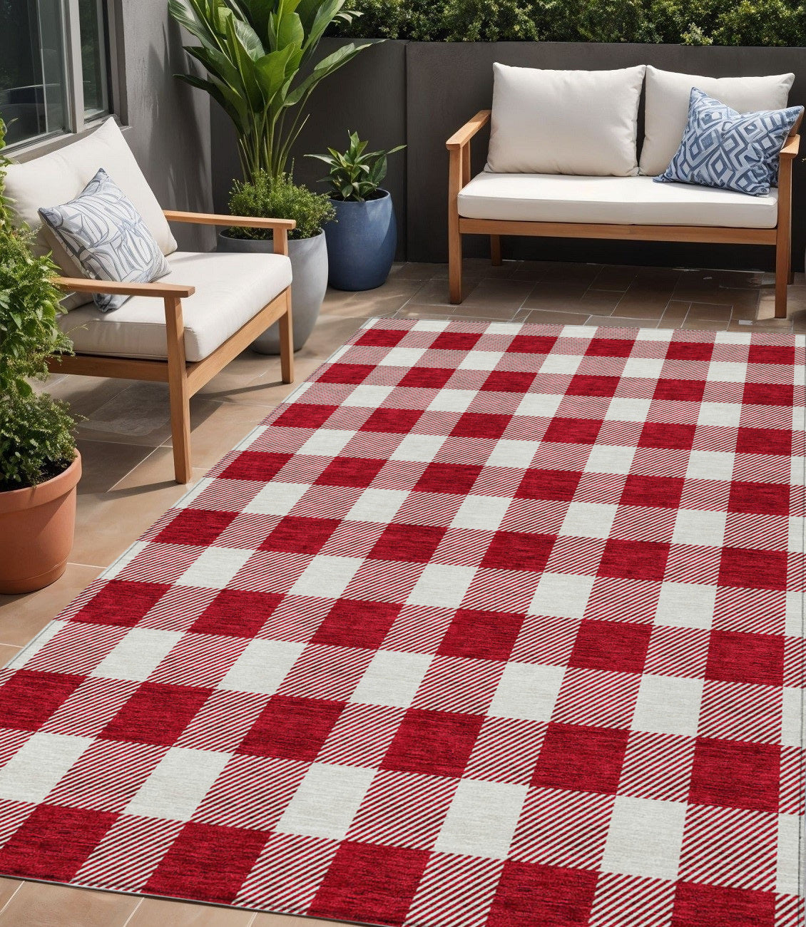 Tabselect Home Line 5' X 8' Red And Ivory Plaid Washable Indoor Outdoor Area Rug