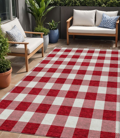 Tabselect Home Line 5' X 8' Red And Ivory Plaid Washable Indoor Outdoor Area Rug