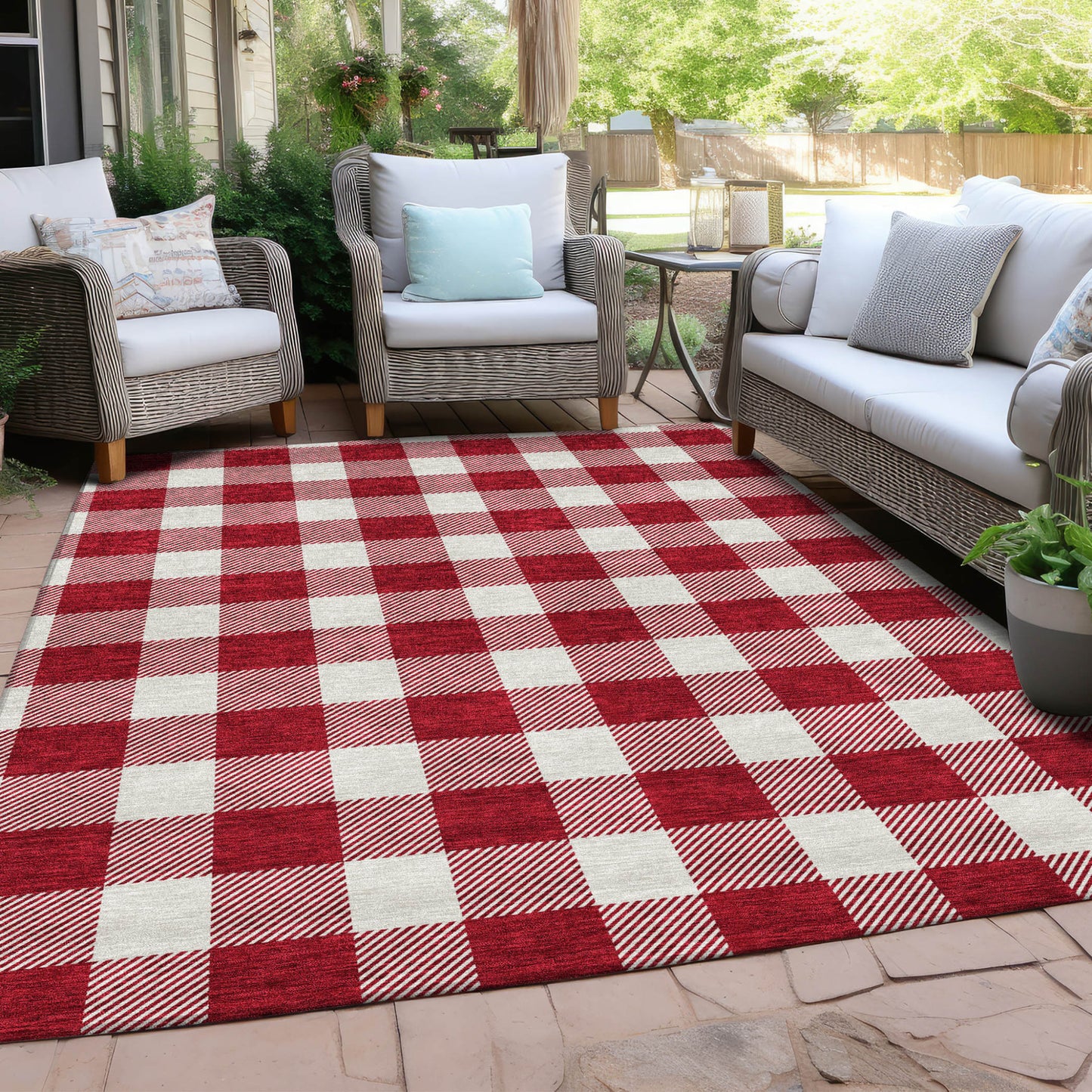 Tabselect Home Line 5' X 8' Red And Ivory Plaid Washable Indoor Outdoor Area Rug