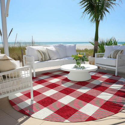 Tabselect Home Line 8' Red And Ivory Round Plaid Washable Indoor Outdoor Area Rug