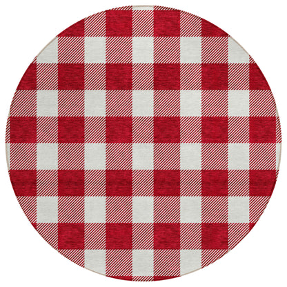 Tabselect Home Line 8' Red And Ivory Round Plaid Washable Indoor Outdoor Area Rug