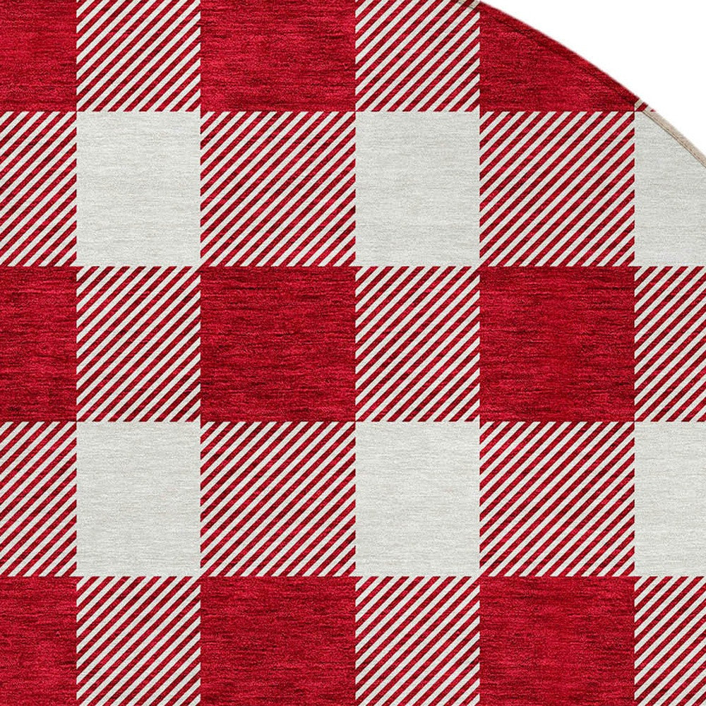 Tabselect Home Line 8' Red And Ivory Round Plaid Washable Indoor Outdoor Area Rug