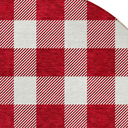 Tabselect Home Line 8' Red And Ivory Round Plaid Washable Indoor Outdoor Area Rug
