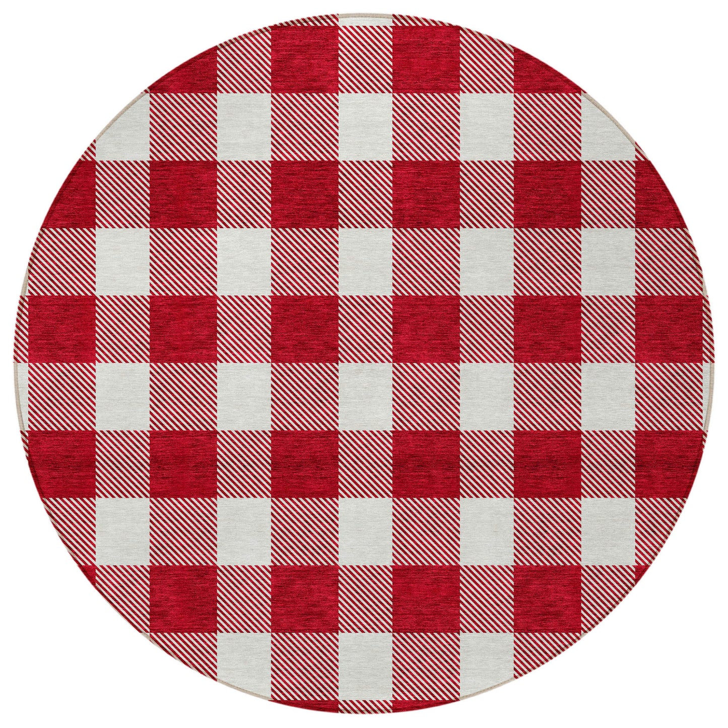 Tabselect Home Line 8' Red And Ivory Round Plaid Washable Indoor Outdoor Area Rug