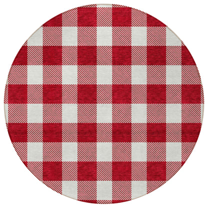 Tabselect Home Line 8' Red And Ivory Round Plaid Washable Indoor Outdoor Area Rug