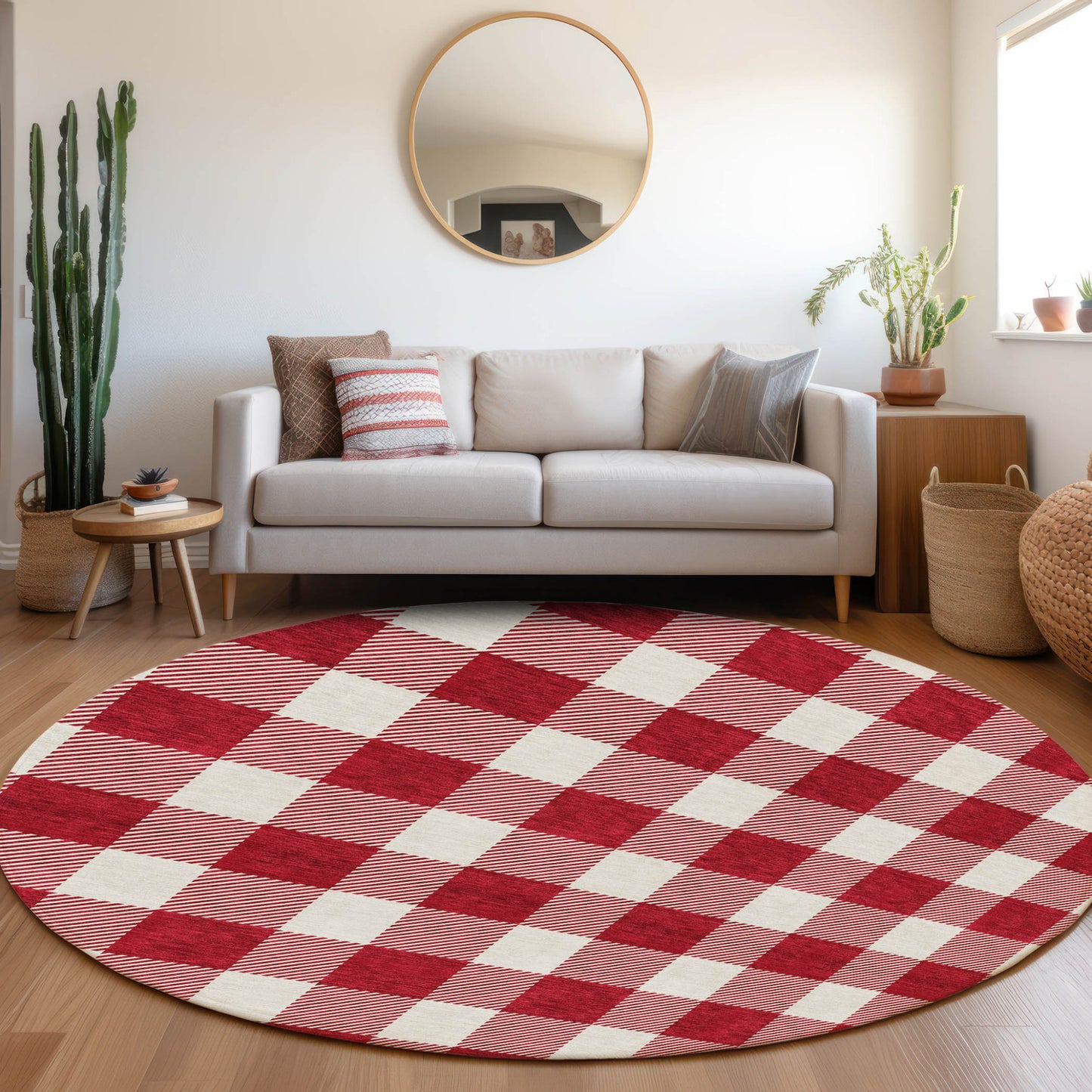 Tabselect Home Line 8' Red And Ivory Round Plaid Washable Indoor Outdoor Area Rug