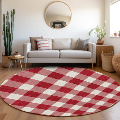 Tabselect Home Line 8' Red And Ivory Round Plaid Washable Indoor Outdoor Area Rug