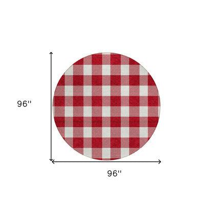 Tabselect Home Line 8' Red And Ivory Round Plaid Washable Indoor Outdoor Area Rug