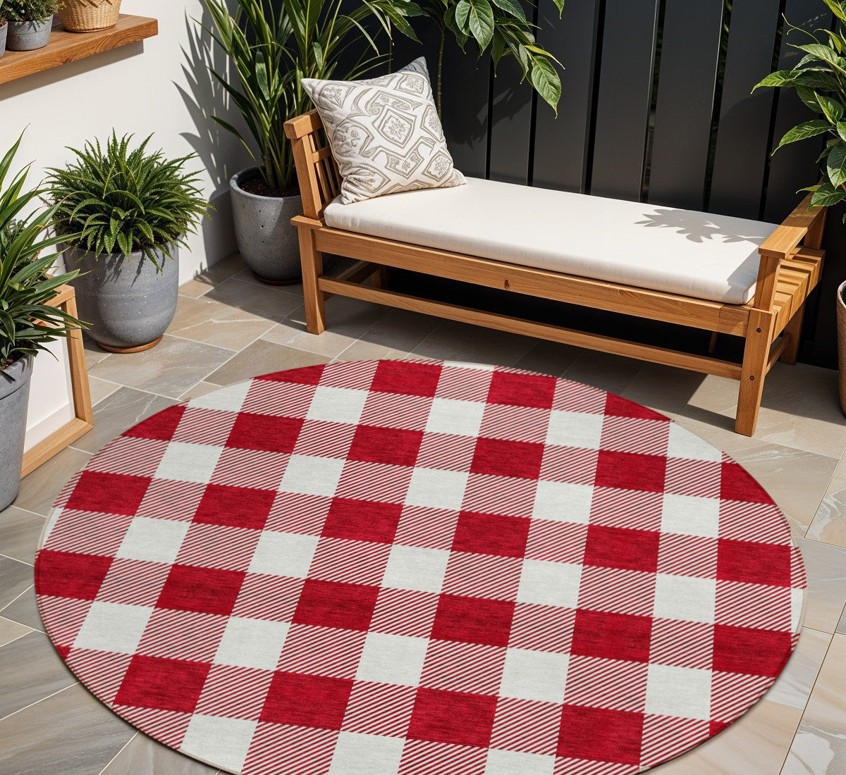 Tabselect Home Line 8' Red And Ivory Round Plaid Washable Indoor Outdoor Area Rug