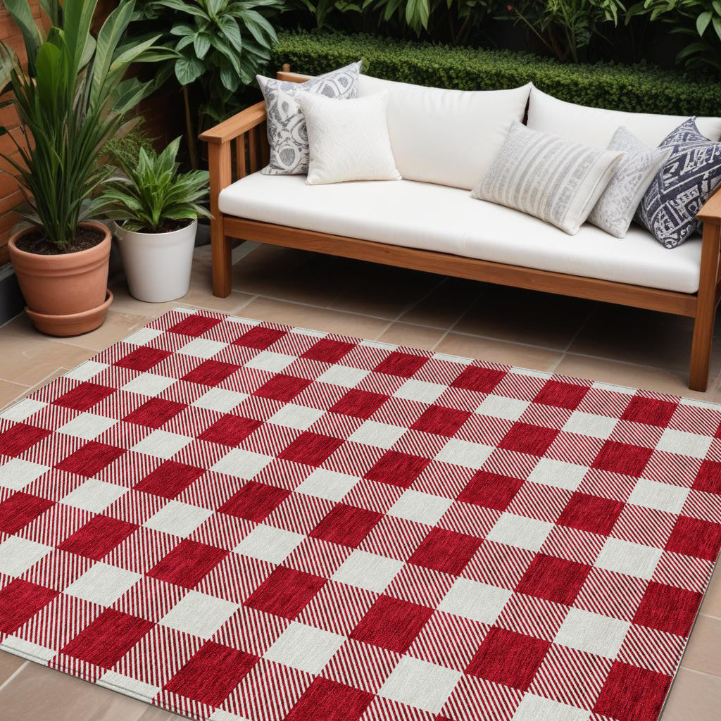 Tabselect Home Line 8' X 10' Red And Ivory Plaid Washable Indoor Outdoor Area Rug