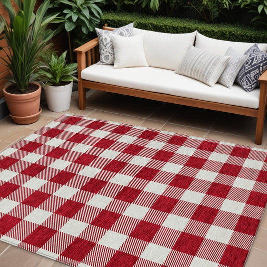 Tabselect Home Line 8' X 10' Red And Ivory Plaid Washable Indoor Outdoor Area Rug
