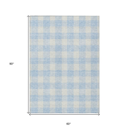 Tabselect Home Line 5' X 8' Sky Blue And Gray Plaid Washable Indoor Outdoor Area Rug