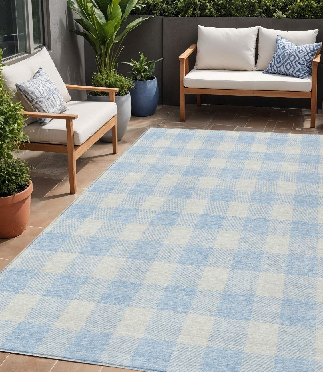 Tabselect Home Line 5' X 8' Sky Blue And Gray Plaid Washable Indoor Outdoor Area Rug