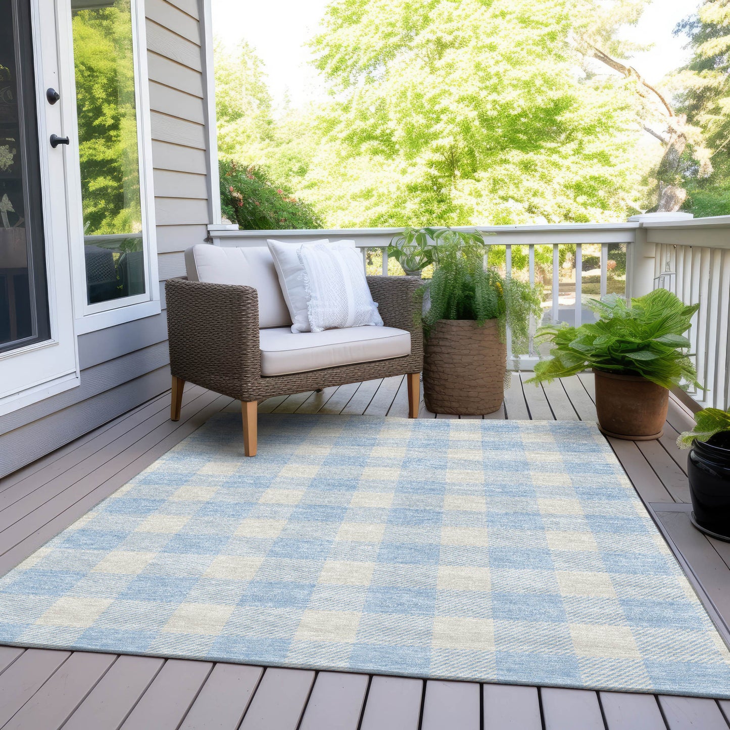 Tabselect Home Line 5' X 8' Sky Blue And Gray Plaid Washable Indoor Outdoor Area Rug