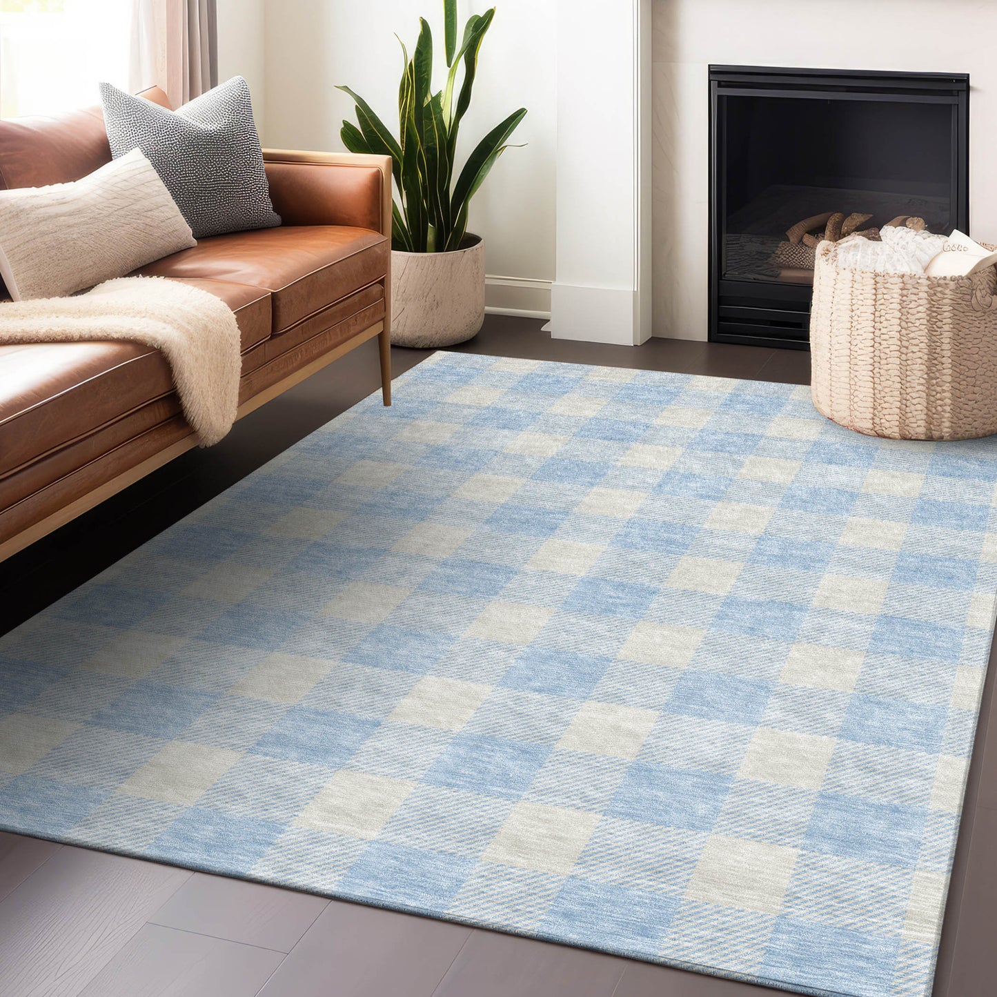 Tabselect Home Line 5' X 8' Sky Blue And Gray Plaid Washable Indoor Outdoor Area Rug