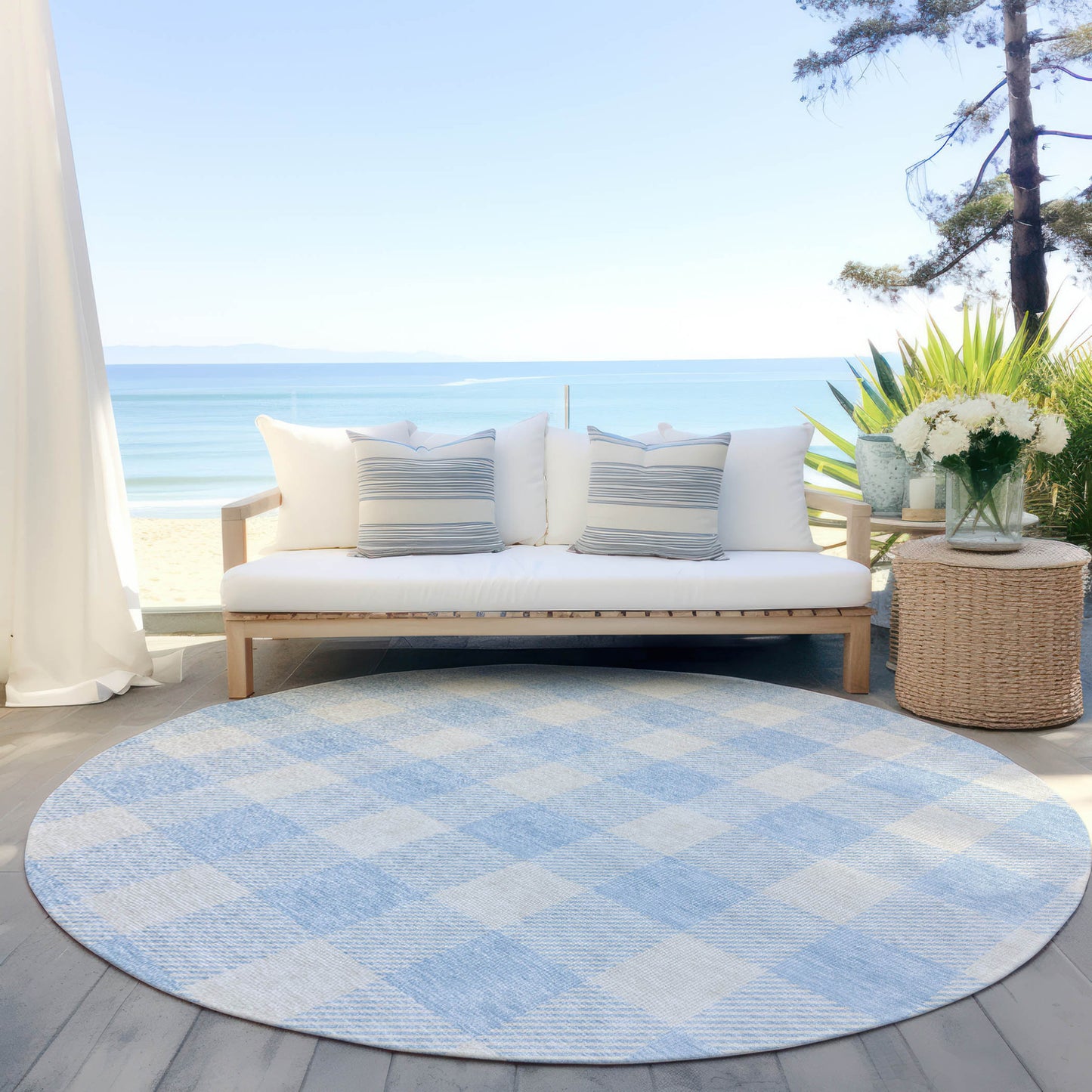 Tabselect Home Line 8' Sky Blue And Gray Round Plaid Washable Indoor Outdoor Area Rug