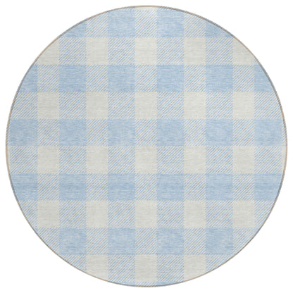 Tabselect Home Line 8' Sky Blue And Gray Round Plaid Washable Indoor Outdoor Area Rug
