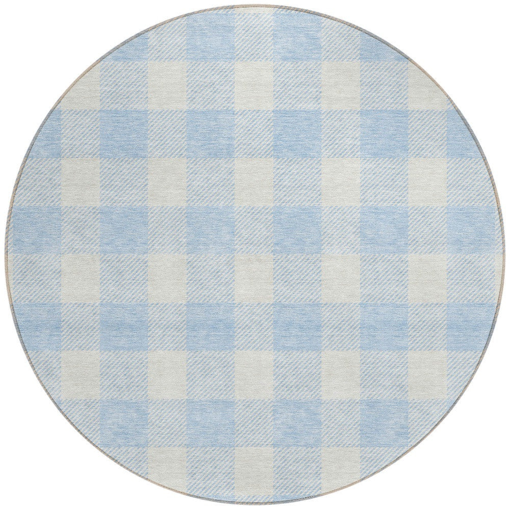 Tabselect Home Line 8' Sky Blue And Gray Round Plaid Washable Indoor Outdoor Area Rug